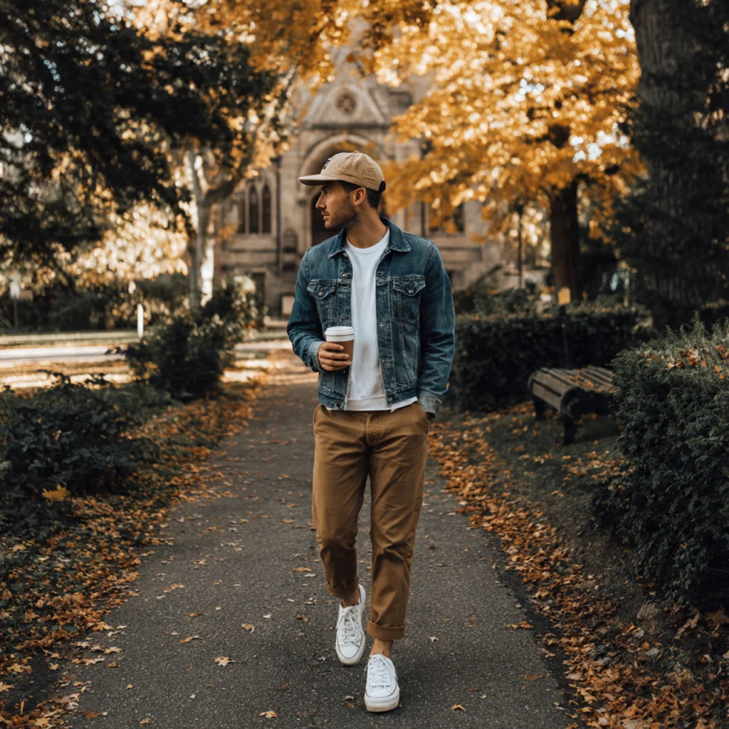 20 Best Fall Transition Outfits to Wear This Season 2 Fall Transition Outfits: Denim Jacket Over a T-Shirt and Chinos