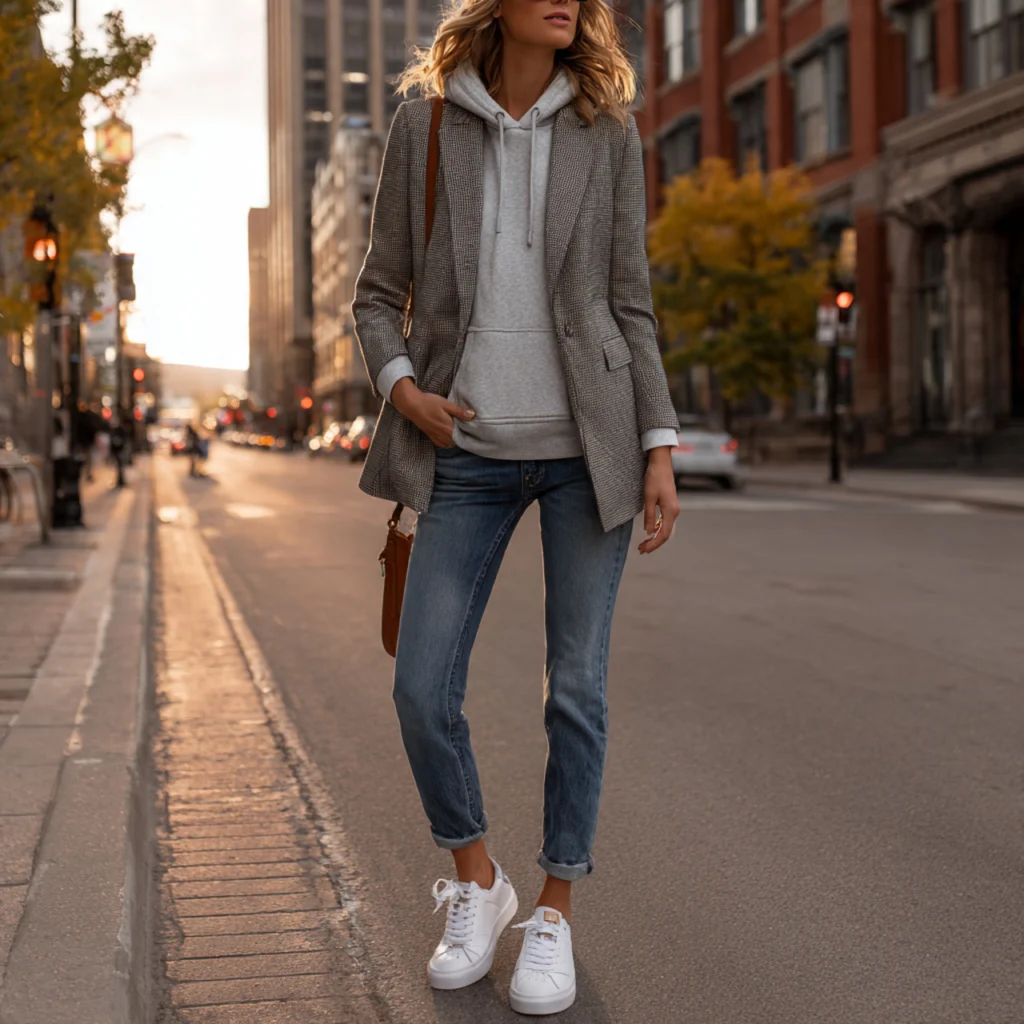 20 Best Fall Transition Outfits to Wear This Season 20 Fall Transition Outfits: Hoodie Under Blazer with Jeans