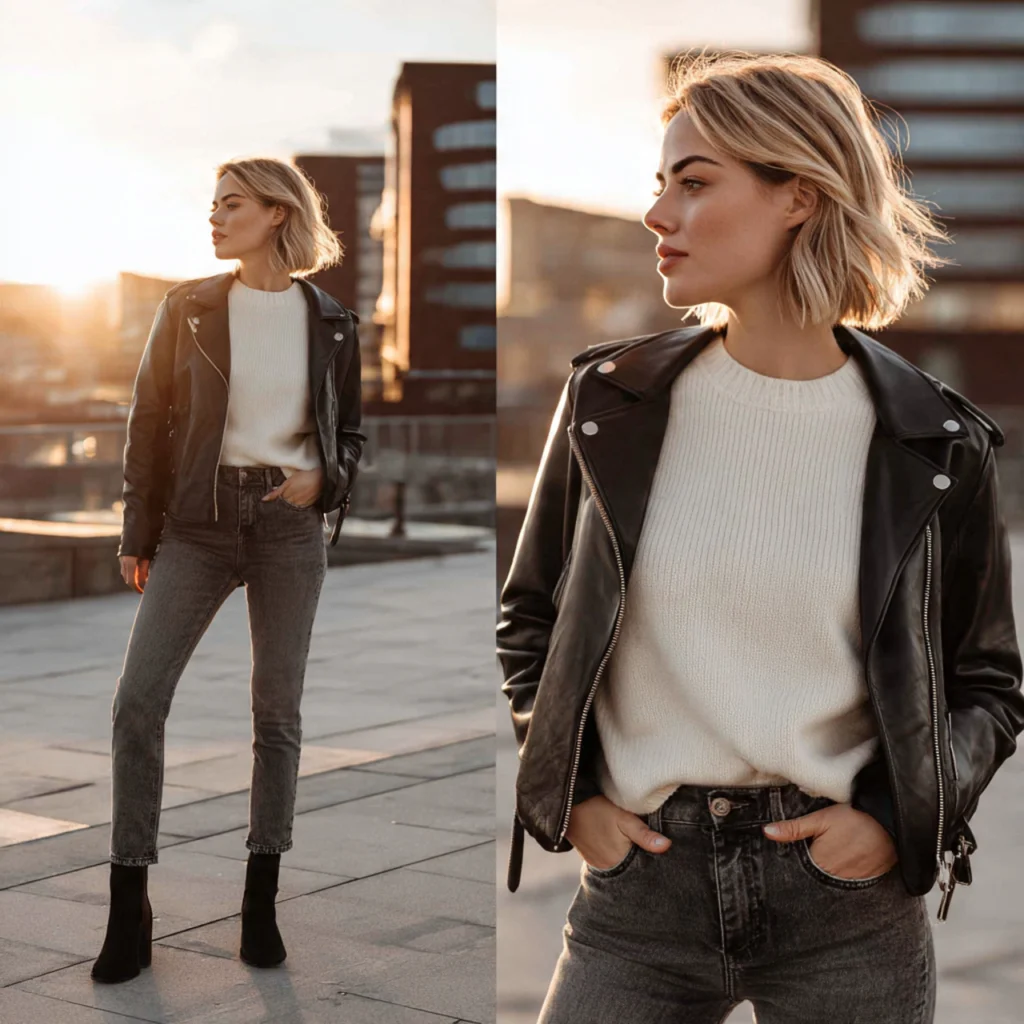 20 Best Fall Transition Outfits to Wear This Season 7 Fall Transition Outfits: Leather Jacket with Lightweight Sweater