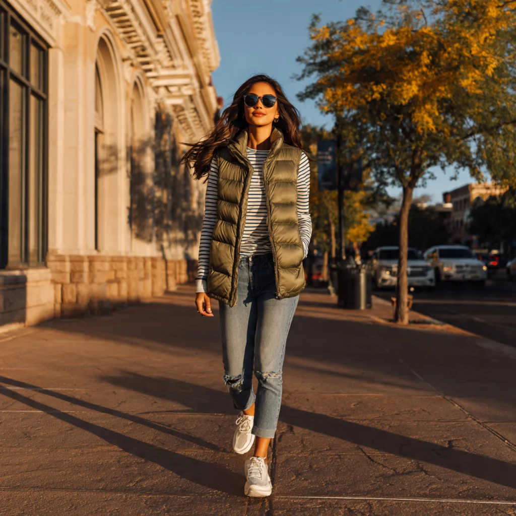 20 Best Fall Transition Outfits to Wear This Season 14 Fall Transition Outfits: Lightweight Puffer Vest with Long Sleeve Top