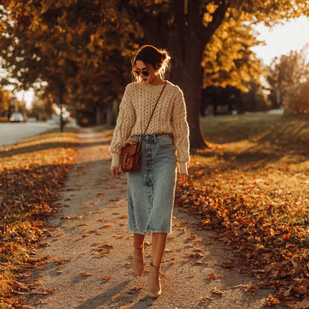 20 Best Fall Transition Outfits to Wear This Season 18 Fall Transition Outfits: Sweater with Midi Denim Skirt