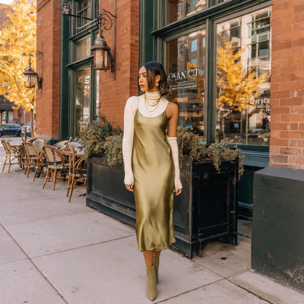 20 Best Fall Transition Outfits to Wear This Season 12 Fall Transition Outfits: Turtleneck Under a Slip Midi Dress
