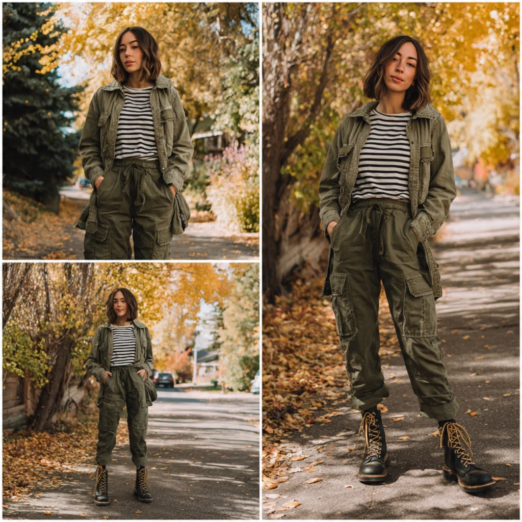 20 Best Fall Transition Outfits to Wear This Season 19 Fall Transition Outfits: Utility Jacket Over Striped Tee and Cargo Pants
