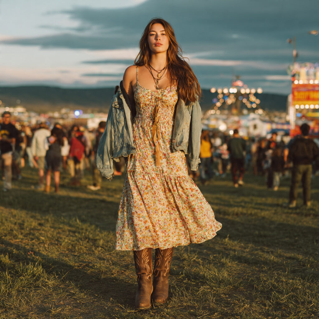 25 Trendy Country Concert Outfit Ideas to Rock Your Look 11 Floral Dress with Denim Jacket