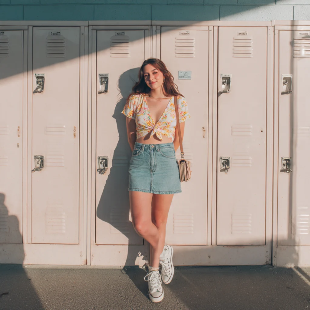 Floral Wrap Top with Denim Skirt