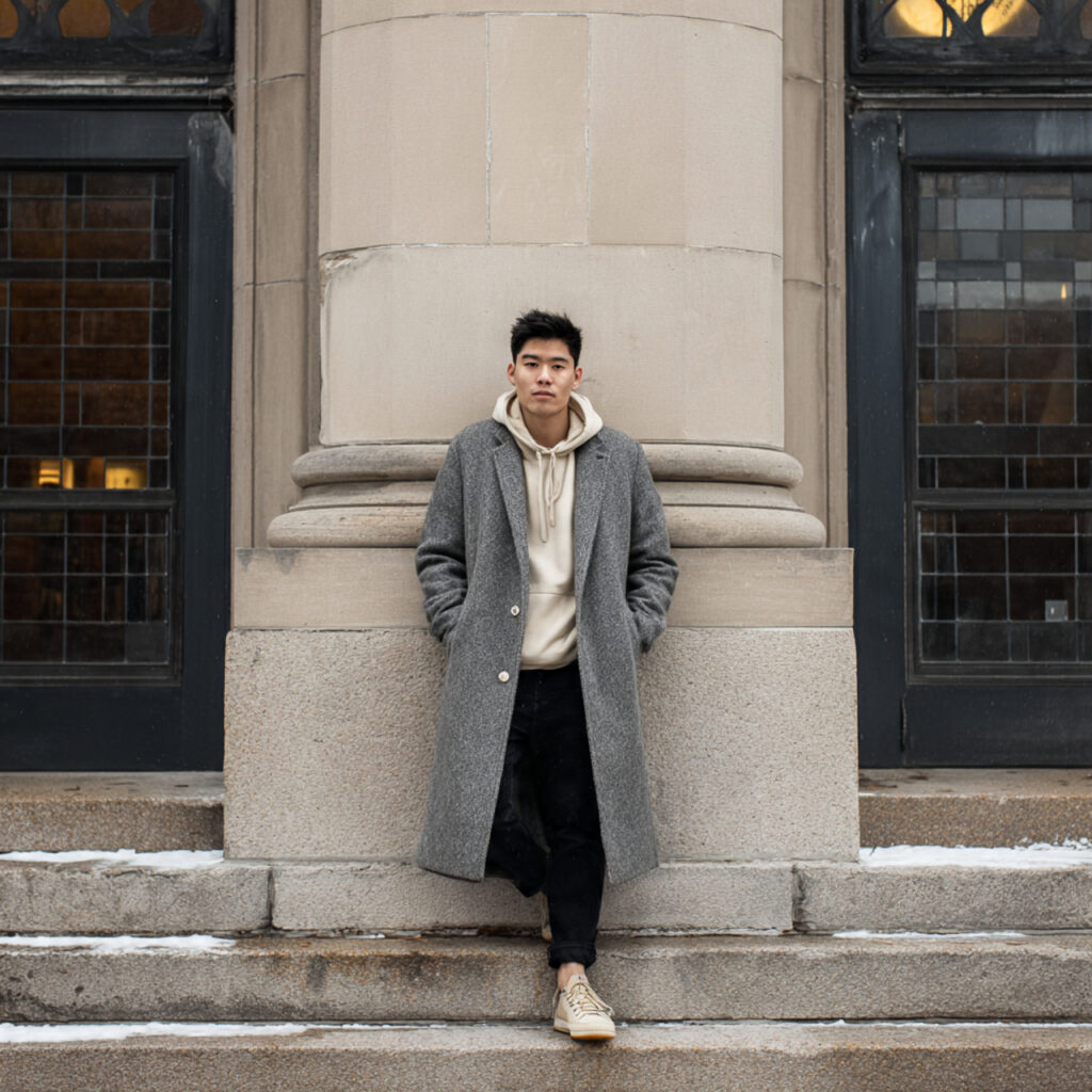 Hoodie-Under-Coat Layered Aesthetic for College