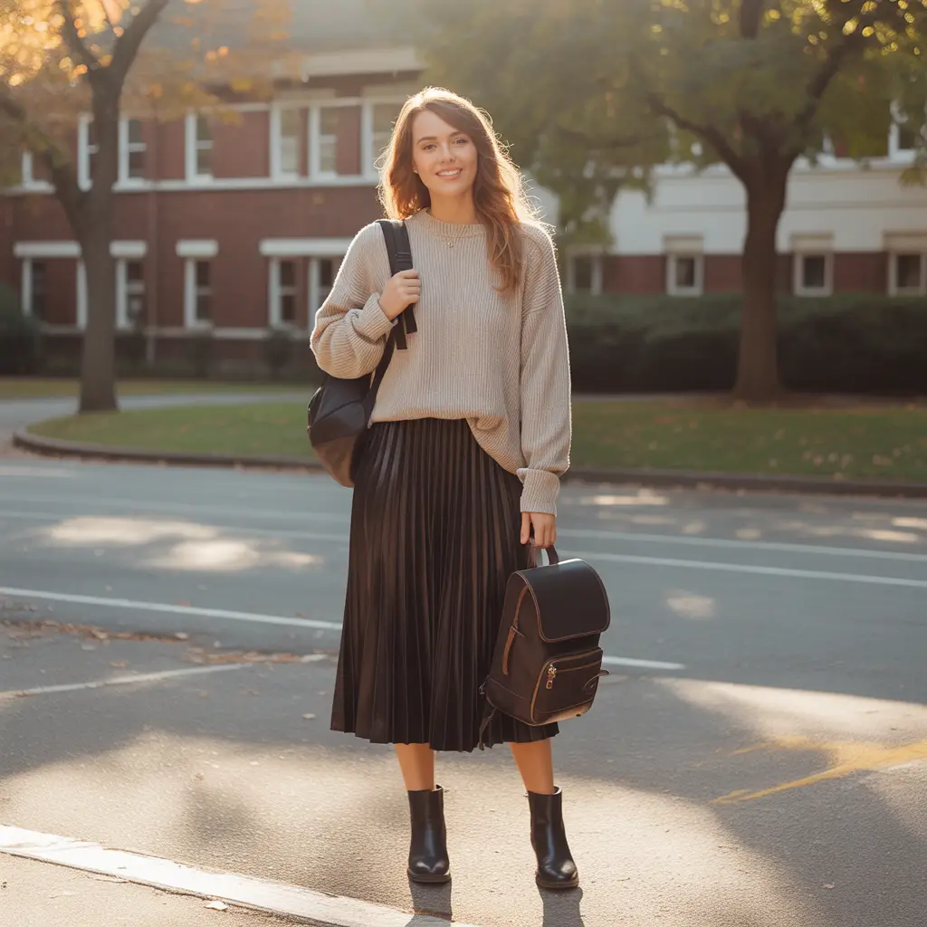 Knit Sweater and Midi Skirt Back to School Outfits