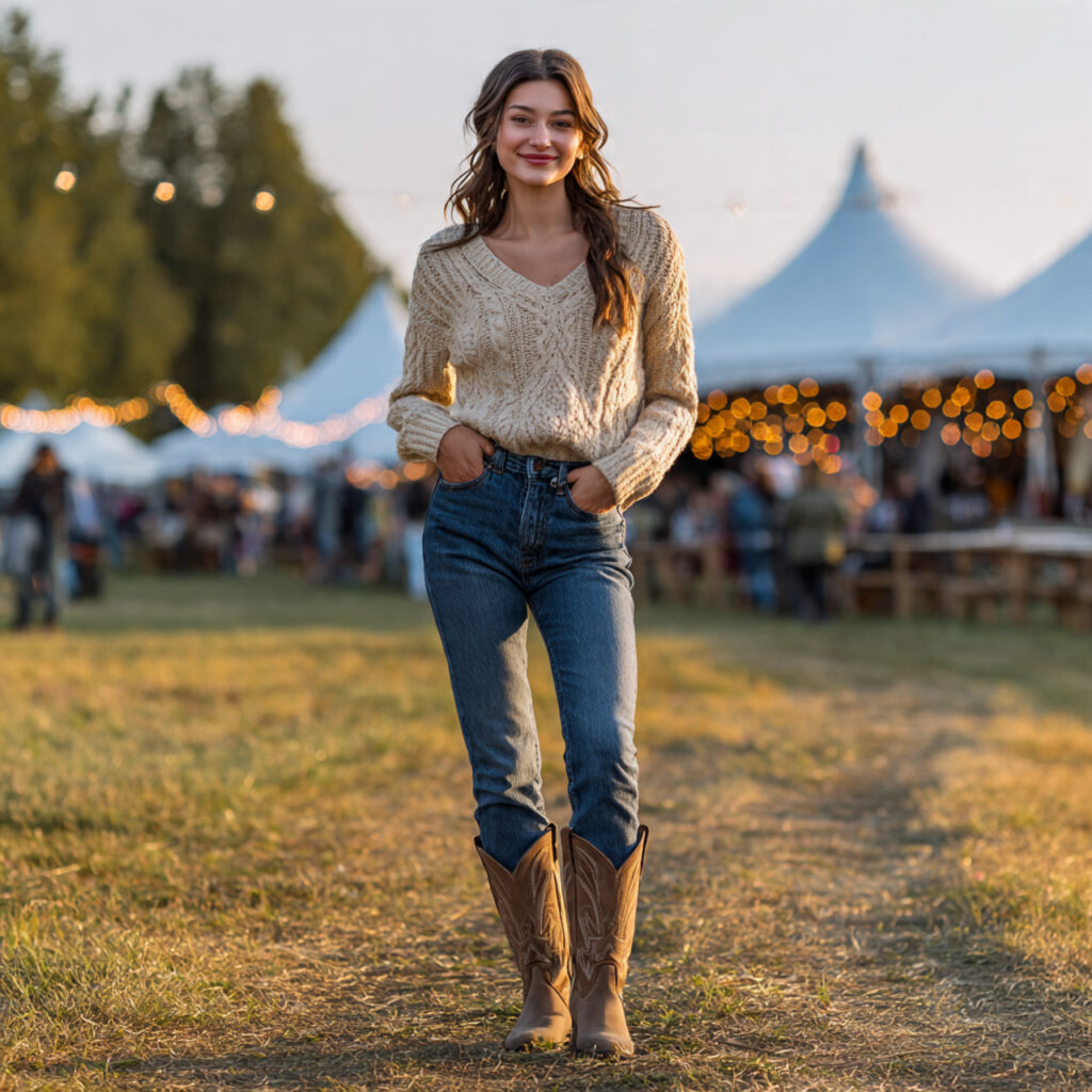 25 Trendy Country Concert Outfit Ideas to Rock Your Look 16 Knit Sweater with Bootcut Jeans