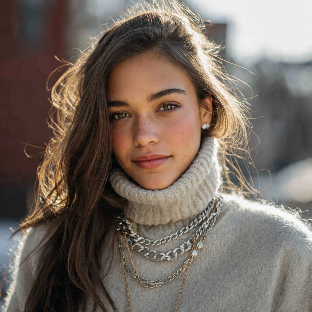 27 Trendy Winter Outfits for Teens: Layering, Color & Comfort 21 Layered Chain Accessories with Knitwear Idea