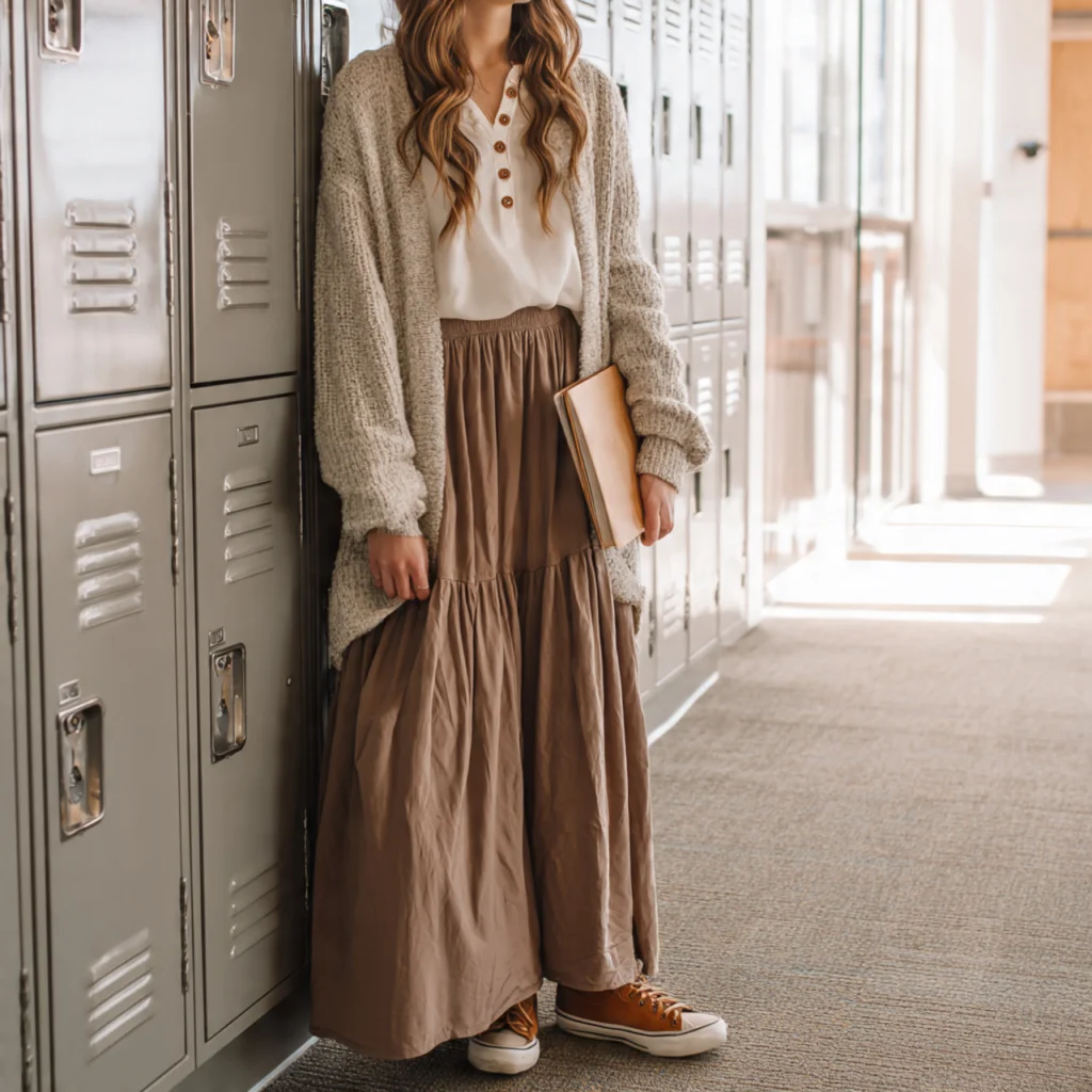 Layered Maxi Skirt with Long-Sleeve Henley and Cardigan