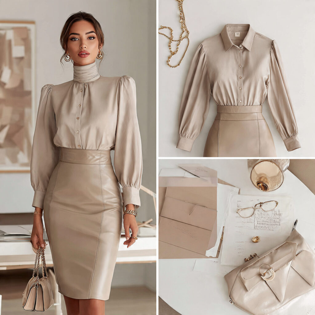 Leather Pencil Skirt and Matte Blouse