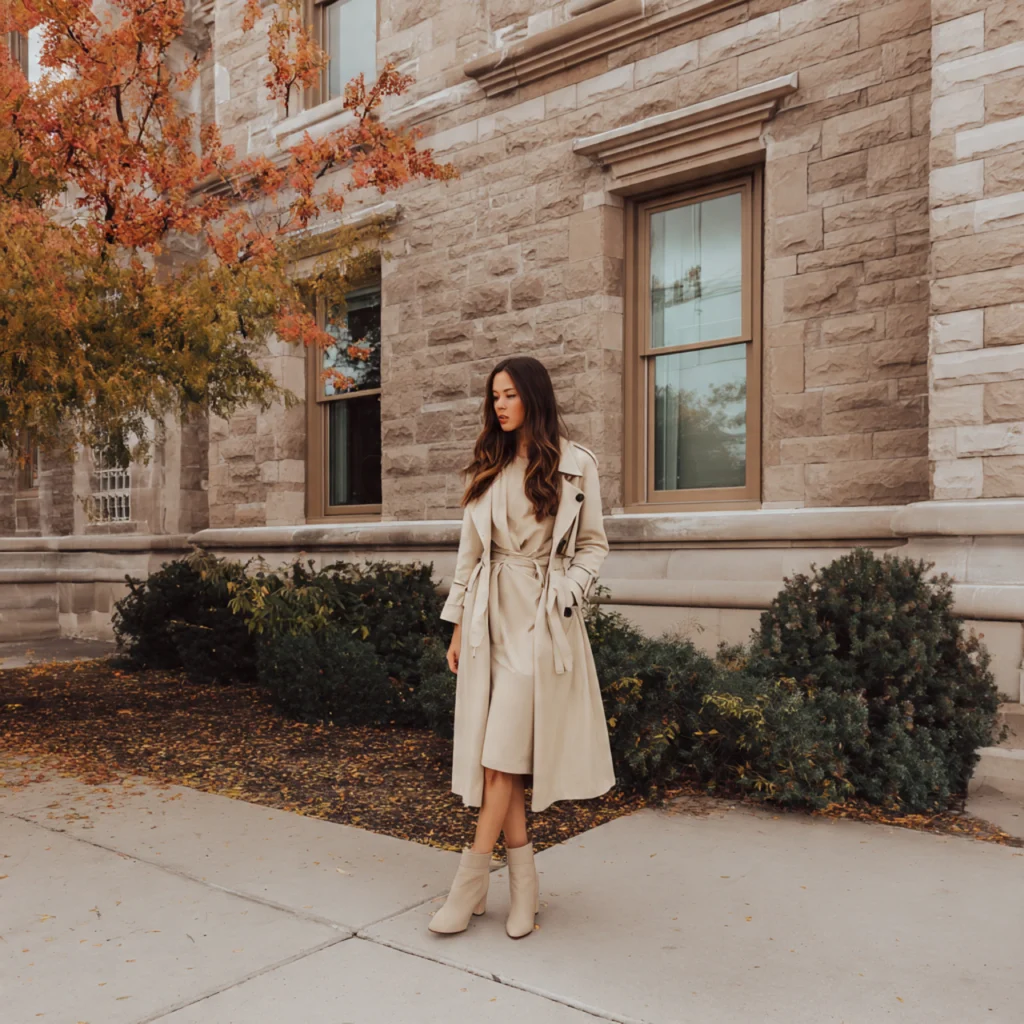 Lightweight Trench Coat Over Midi Dress