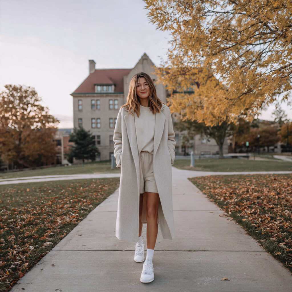 Long Coat and Basic Tee College Outfit Ideas Aesthetic