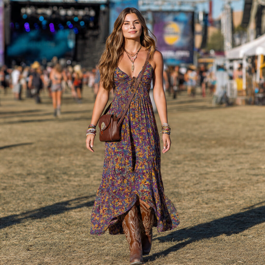 25 Trendy Country Concert Outfit Ideas to Rock Your Look 4 Maxi Dress with Cowboy Boots