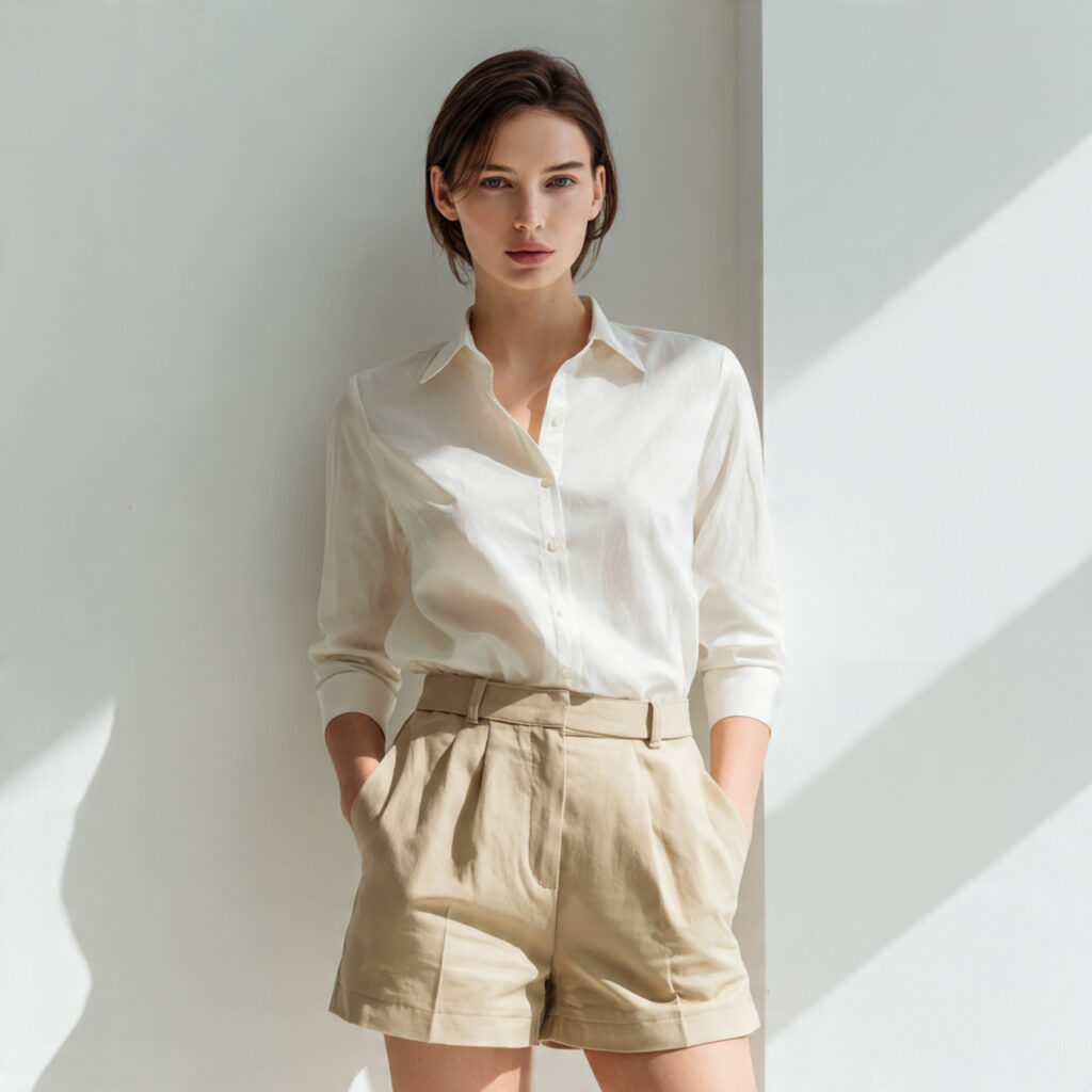 20 Best Minimalist Outfit Ideas to Stay Stylish with Less 20 Minimalist Blouse with Tailored Shorts