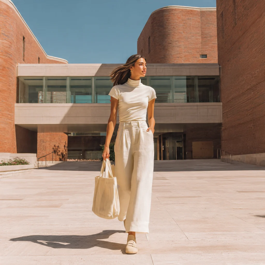 Mock Neck Tee with Wide-Leg Linen Pants