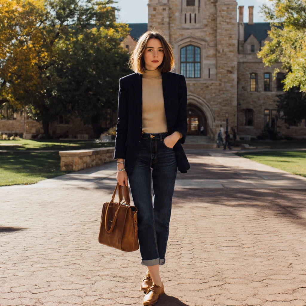 Mock-Neck Top with Straight-Leg Jeans and Blazer