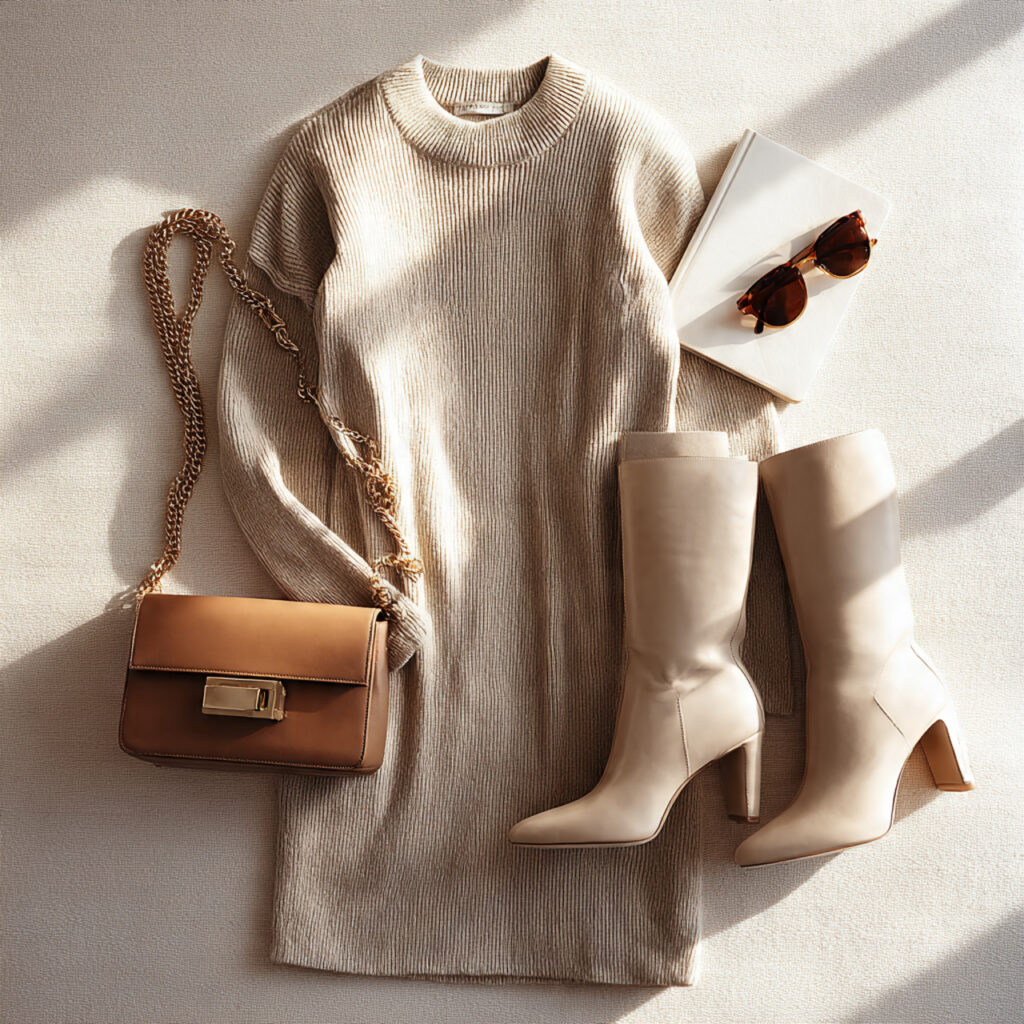 Neutral Knit Dress With High Boots