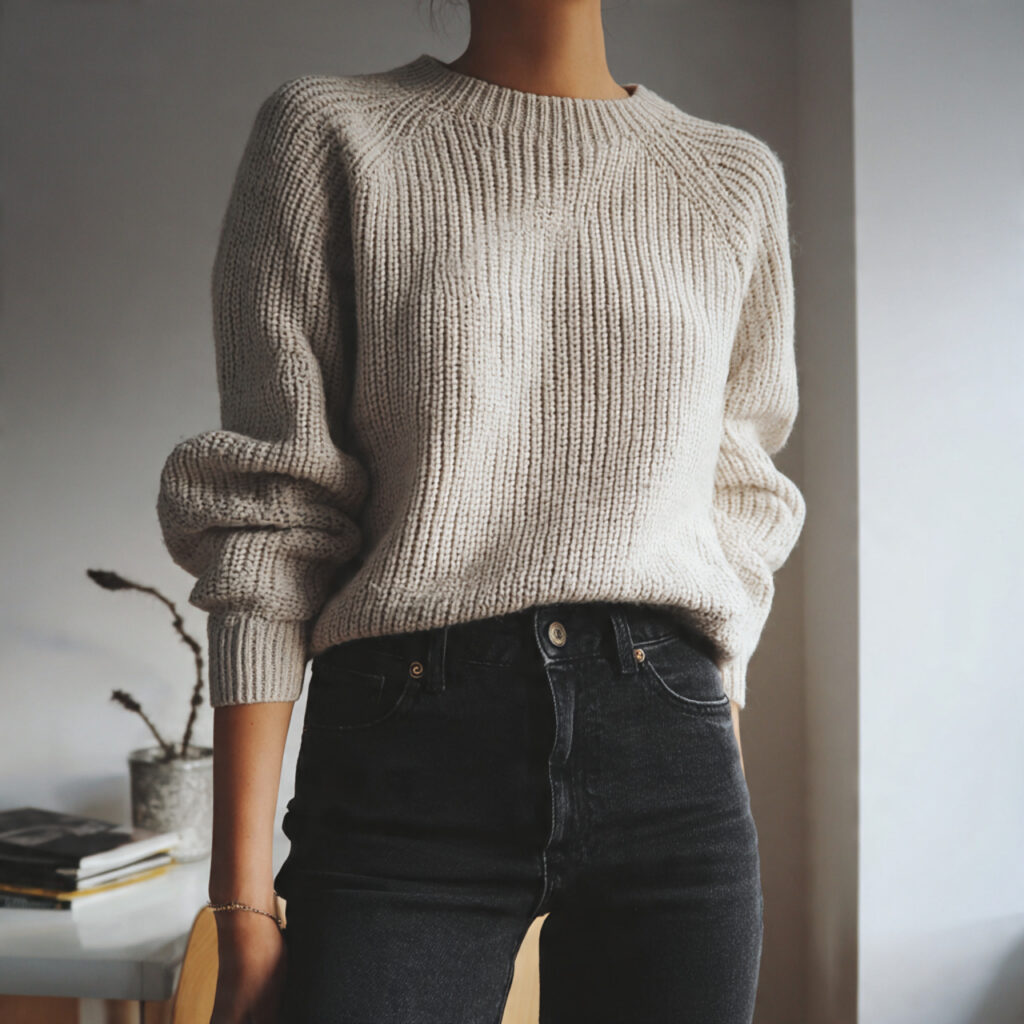 20 Best Minimalist Outfit Ideas to Stay Stylish with Less 2 Neutral Sweater and Slim Jeans