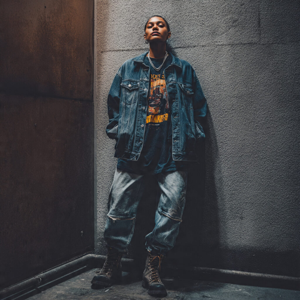 Oversized Denim Jackets in Layered Grunge Outfit Ideas