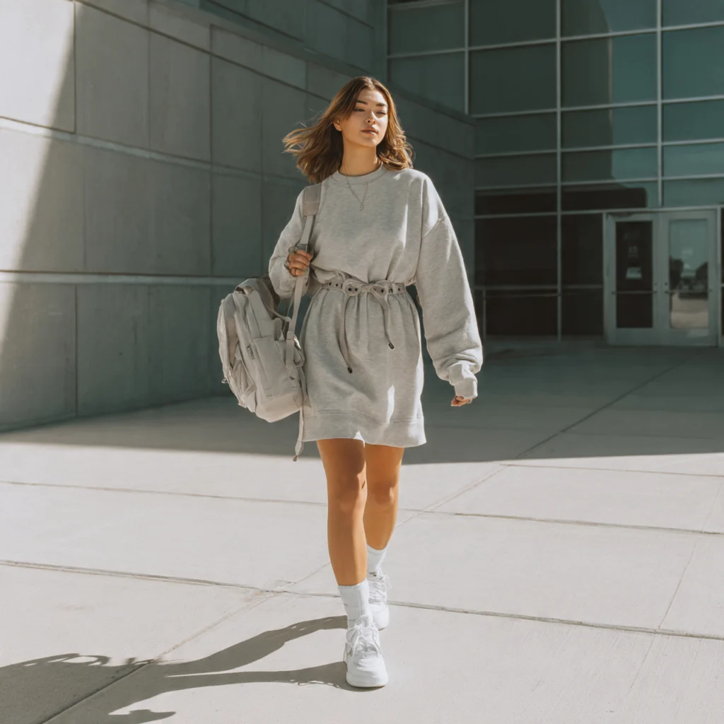 Oversized Sweatshirt Dress with Belt and Sneakers