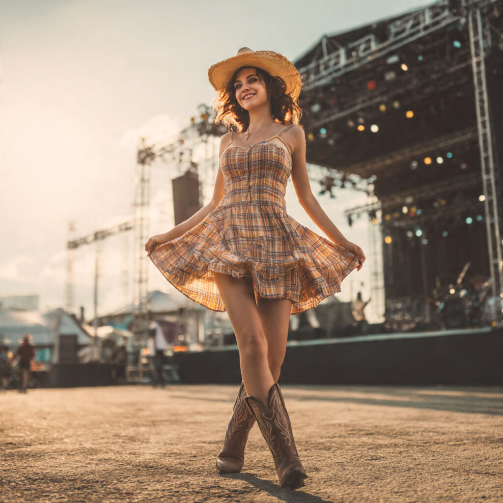 25 Trendy Country Concert Outfit Ideas to Rock Your Look 23 Plaid Dress with Cowboy Boots