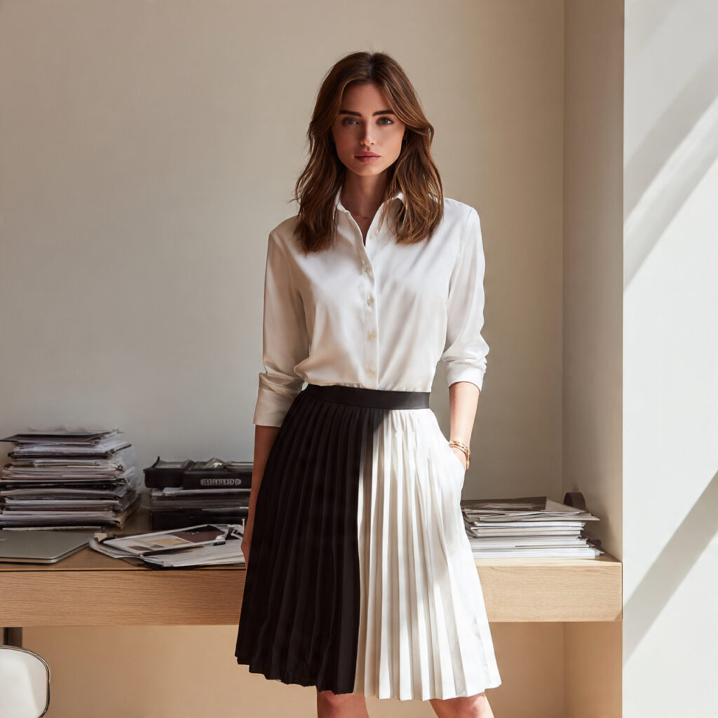 Pleated Midi Skirt and Sharp Blouse