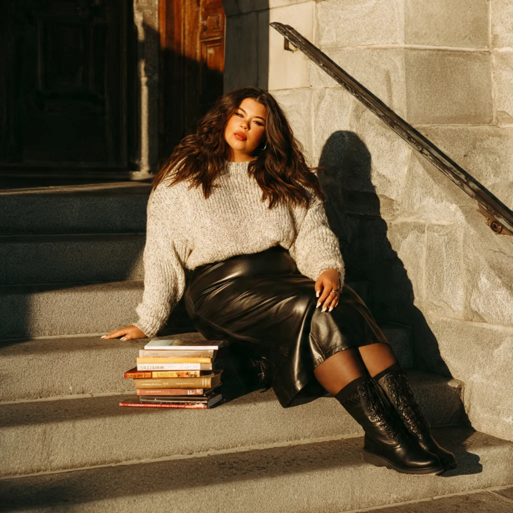 Plus Size Back to School Outfits Centered on a Leather-Effect Skirt and Sweater