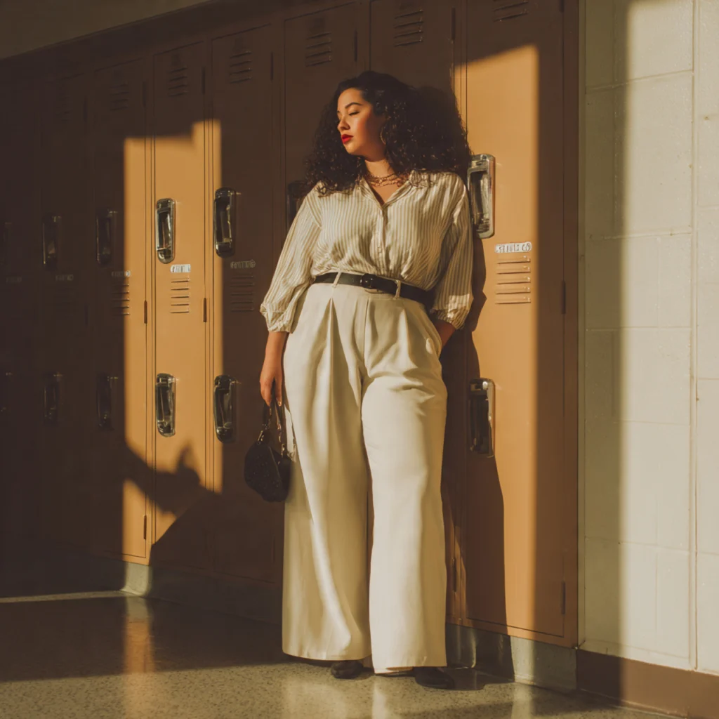 Plus Size Back to School Outfits Featuring High-Waisted Wide-Leg Trousers and a Tucked Blouse