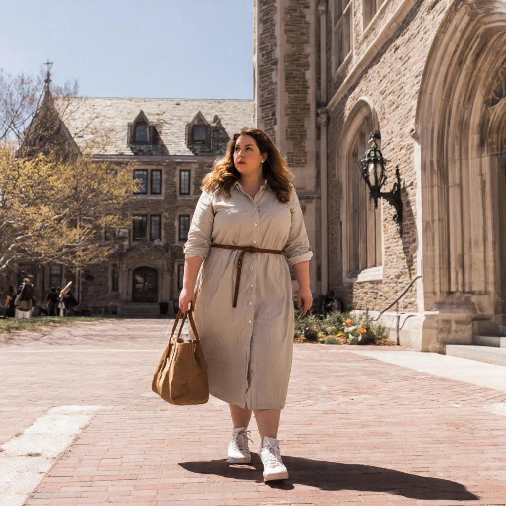 Plus Size Back to School Outfits Featuring a Button-Down Shirt Dress