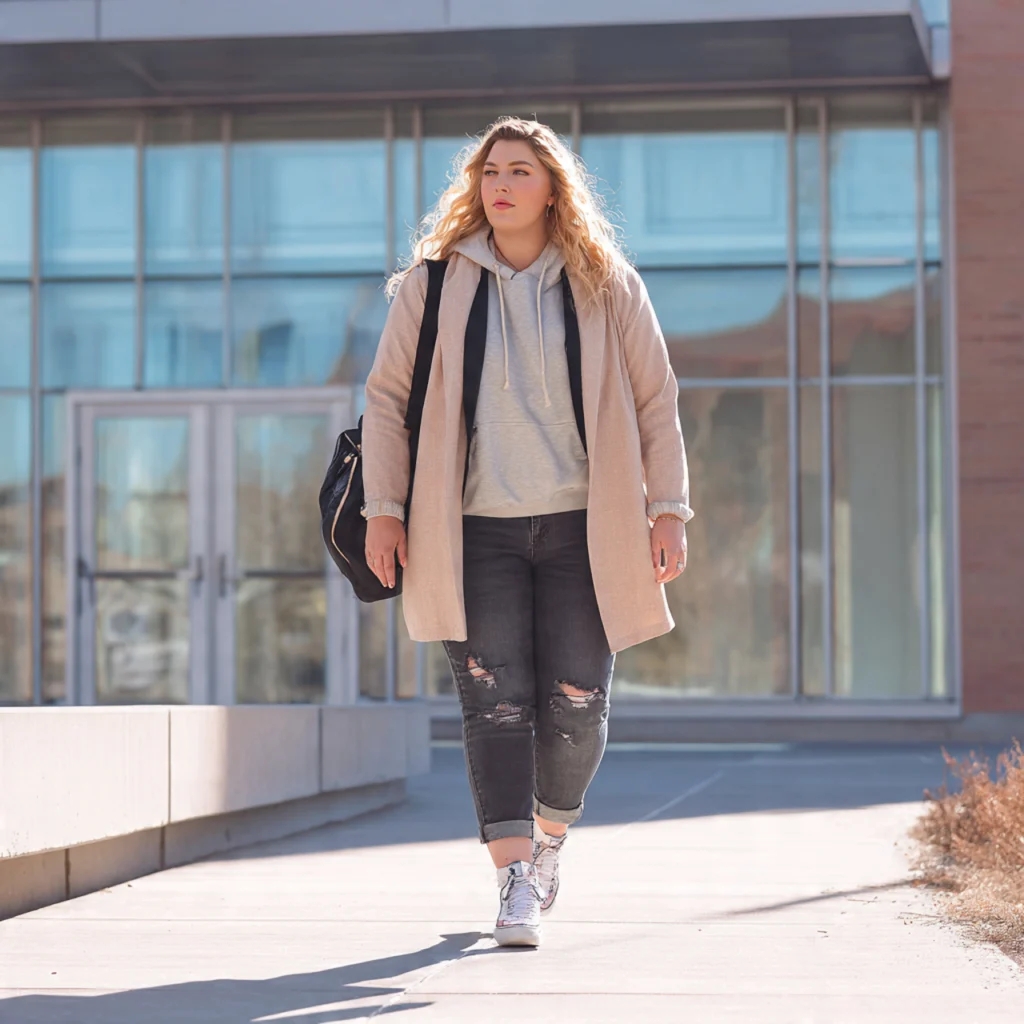 Plus Size Back to School Outfits Featuring a Hoodie Under a Blazer