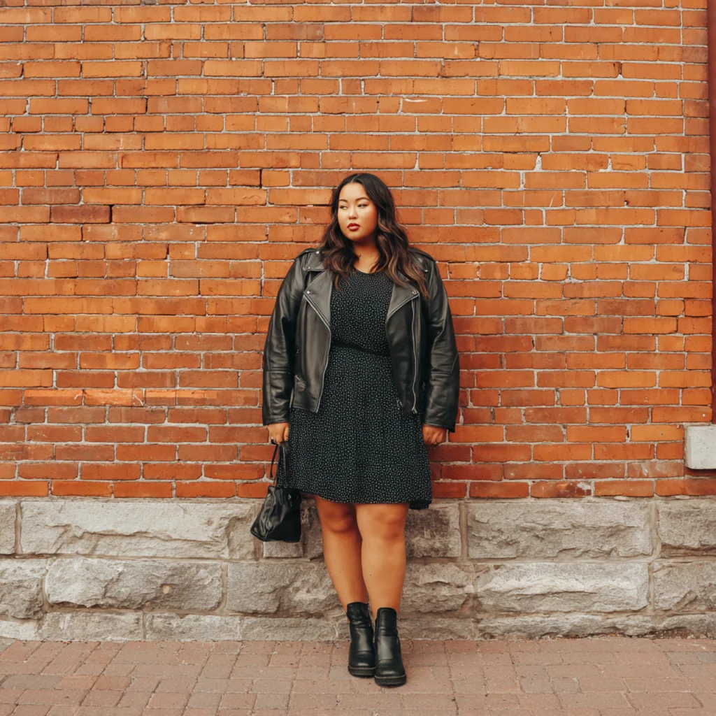 Plus Size Back to School Outfits Featuring a Leather Biker Jacket and Simple Dress