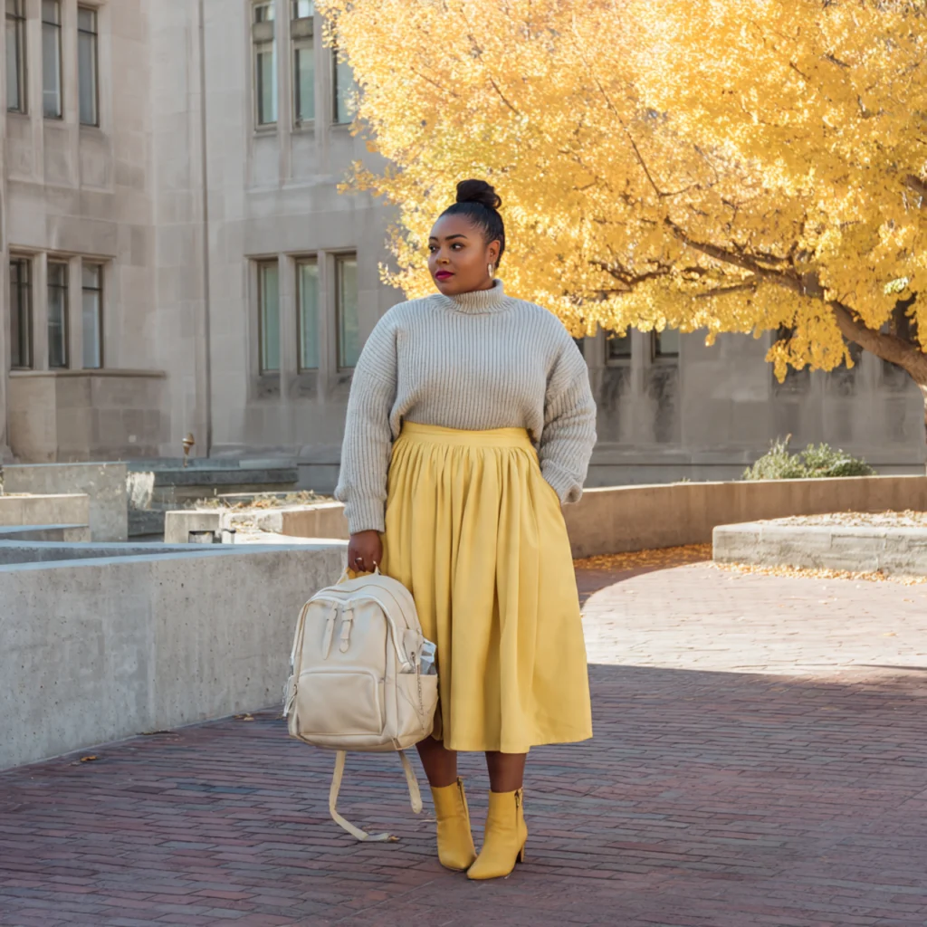 Plus Size Back to School Outfits Featuring a Midi Pleated Skirt and Turtleneck