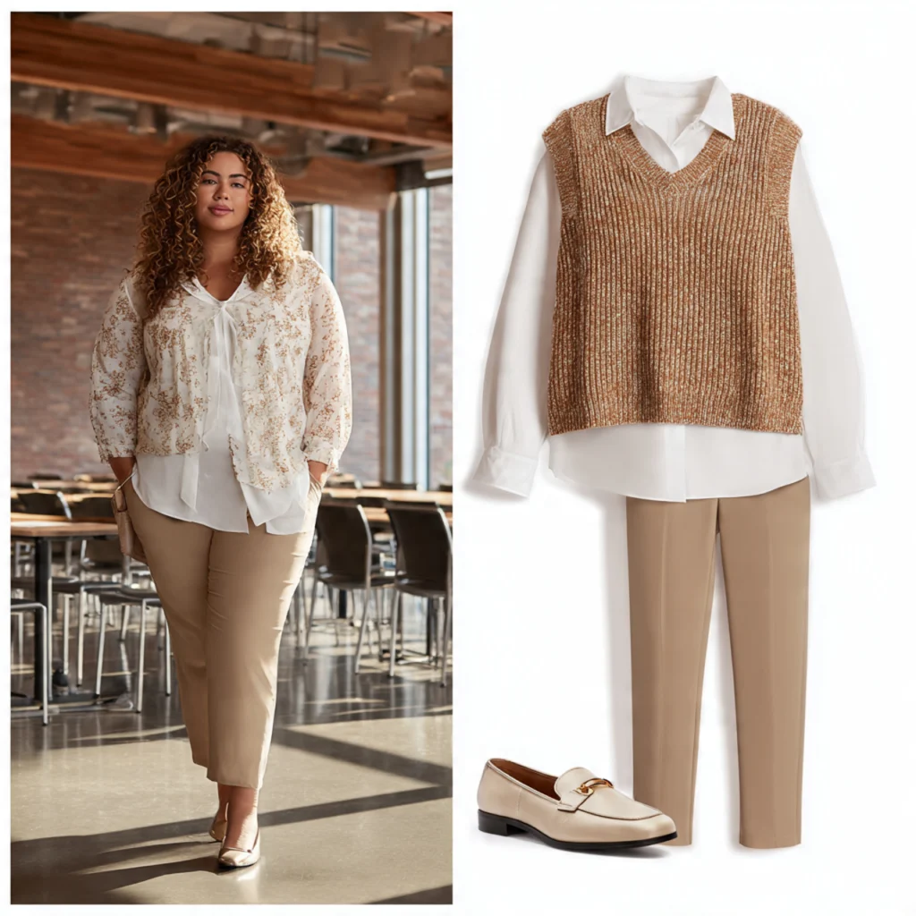 Plus Size Back to School Outfits Featuring a Sweater Vest and Blouse Underneath