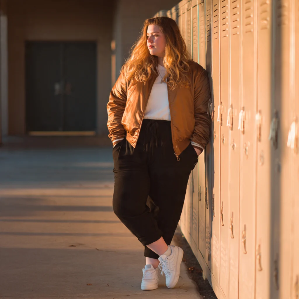 Plus Size Back to School Outfits Using a Bomber Jacket and Jogger Pants