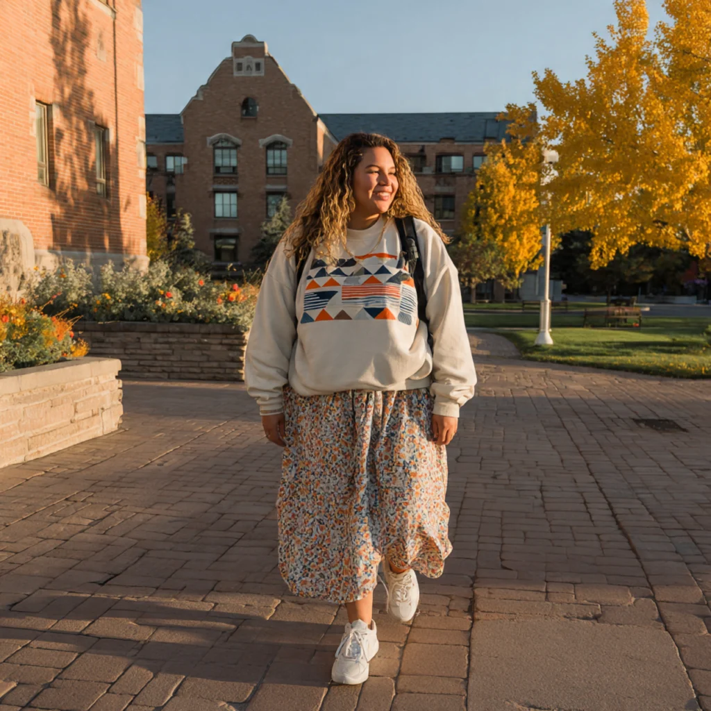 Plus Size Back to School Outfits Using a Graphic Sweatshirt and Midi Skirt