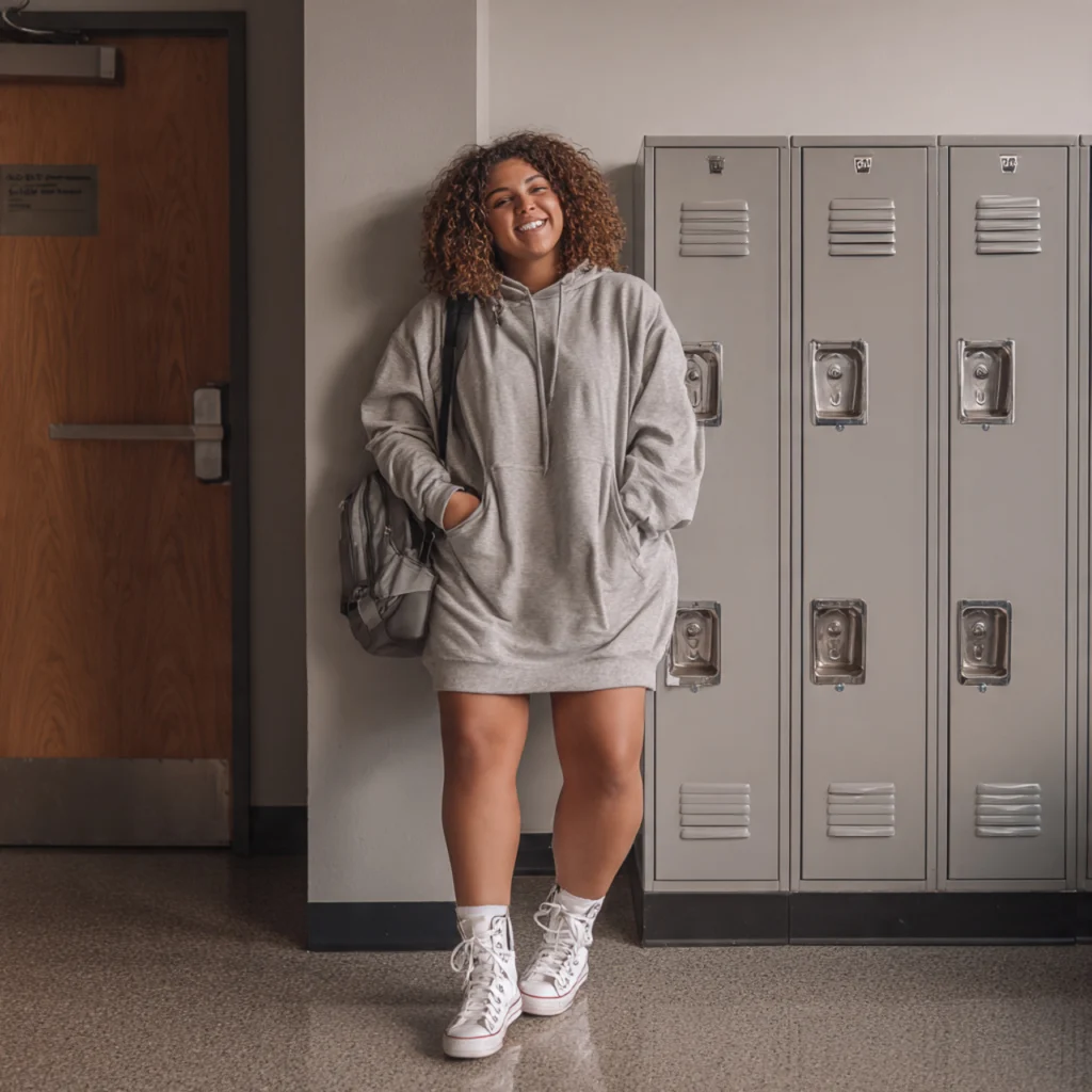 Plus Size Back to School Outfits Using a Hoodie Dress and High-Top Sneakers