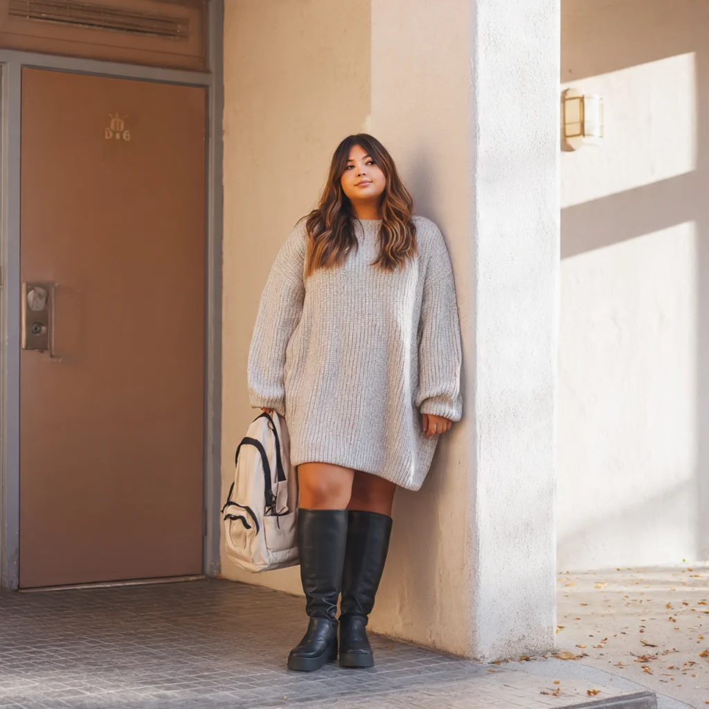 Plus Size Back to School Outfits Using a Knit Sweater Dress and Tall Boots