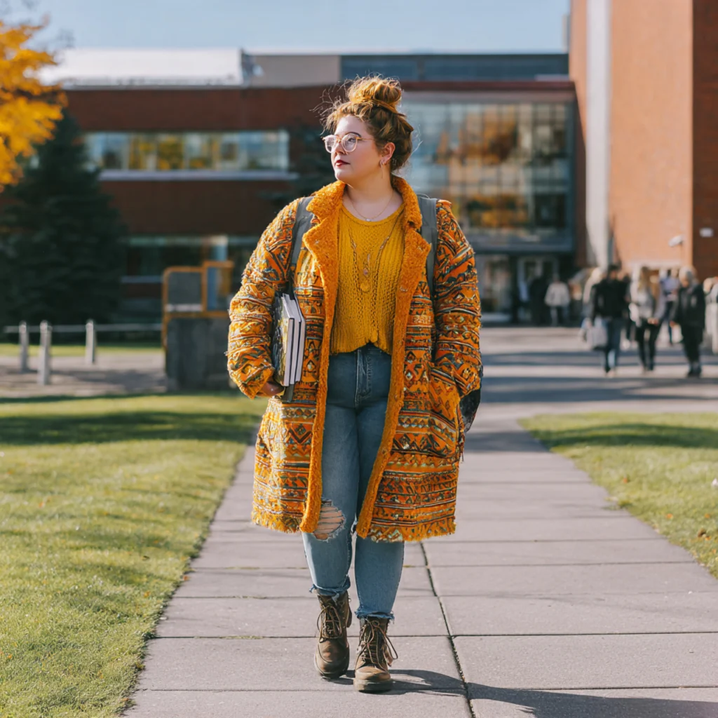 Plus Size Back to School Outfits Using a Statement Coat Over Basics