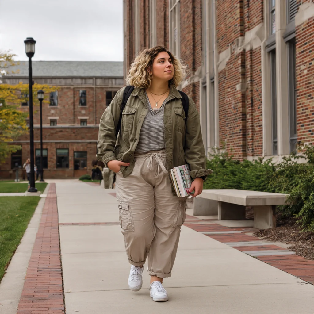 Plus Size Back to School Outfits Using a Utility Jacket and Cargo Pants