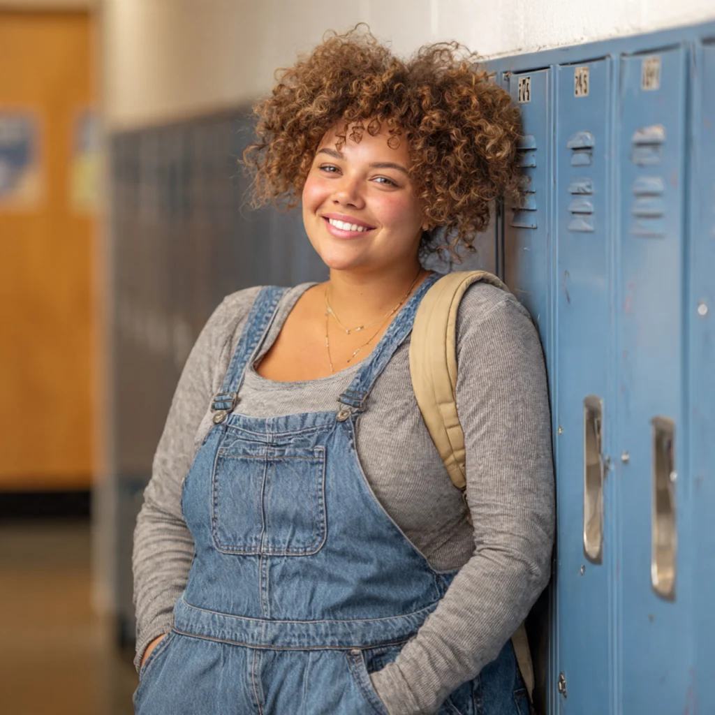 Plus Size Back to School Outfits with Overalls and a Fitted Long-Sleeve Top