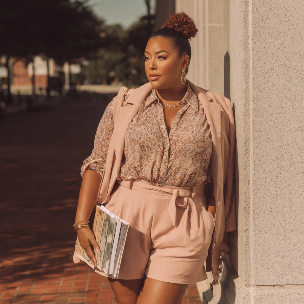 Plus Size Back to School Outfits with Tailored Shorts and Blazer Combo