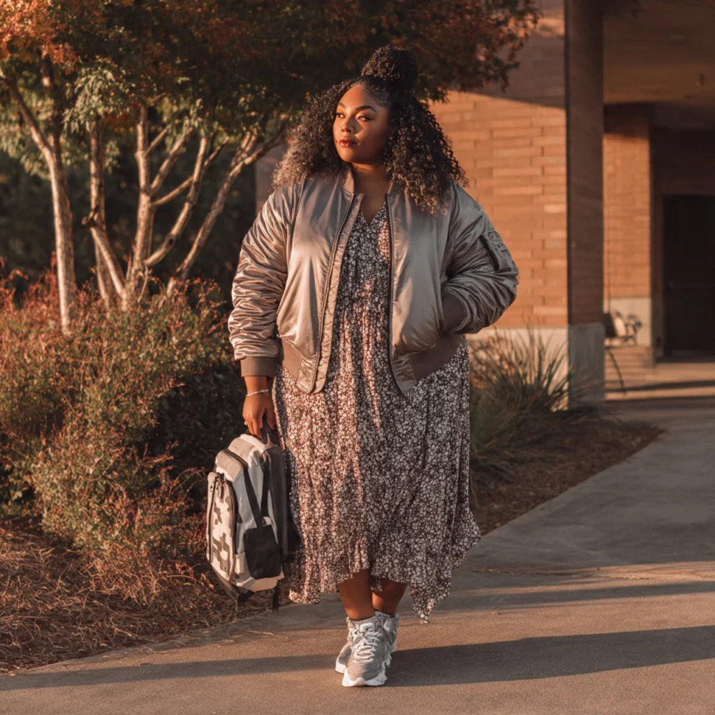 Plus Size Back to School Outfits with a Bomber Jacket and Midi Dress