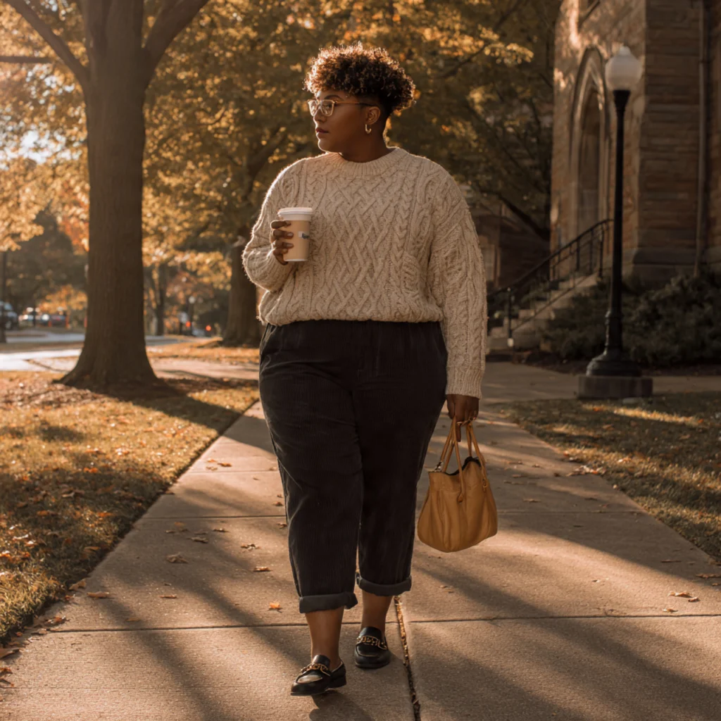Plus Size Back to School Outfits with a Cable-Knit Sweater and Chinos