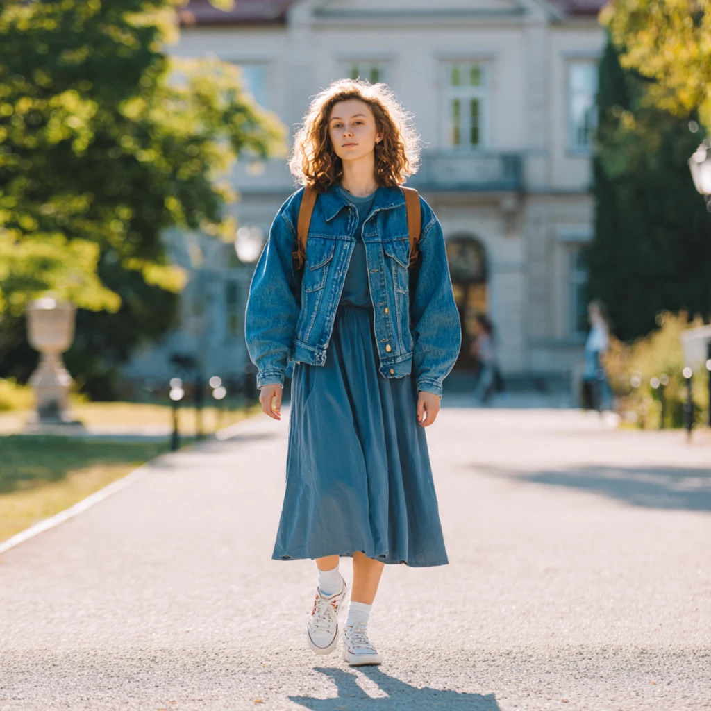 Plus Size Back to School Outfits with a Denim Jacket and Midi Dress