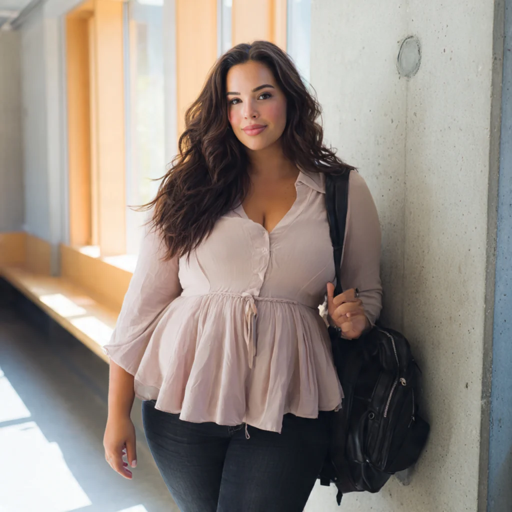 Plus Size Back to School Outfits with a Peplum Top and Slim Jeans
