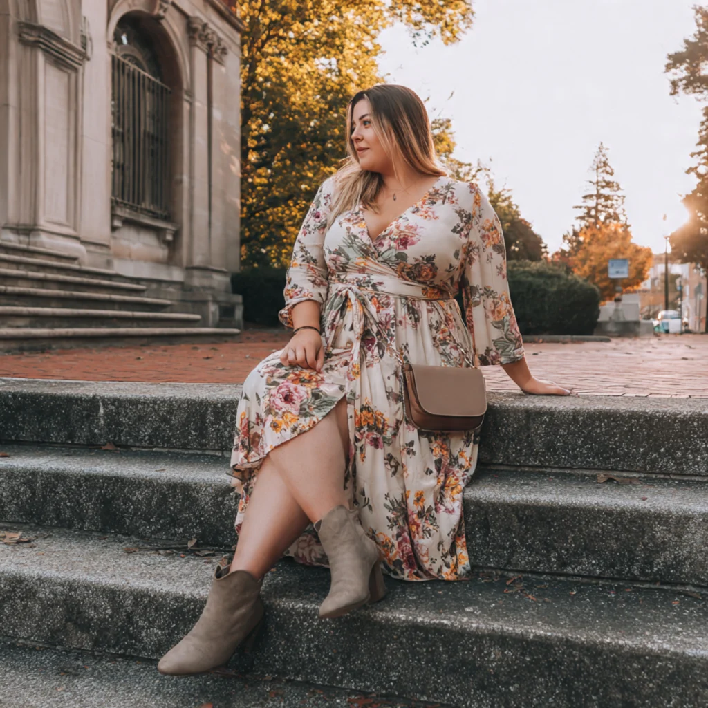 Plus Size Back to School Outfits with a Printed Wrap Dress and Boots