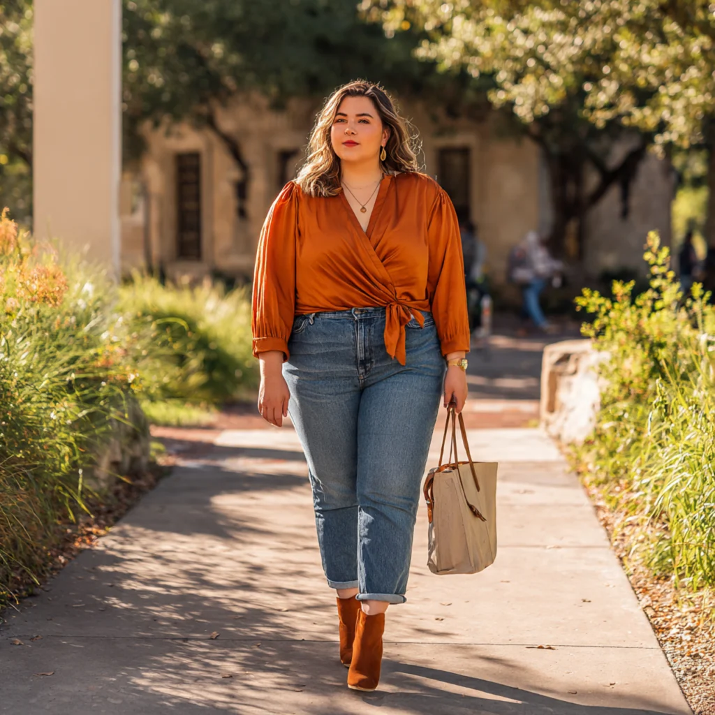 Plus Size Back to School Outfits with a Wrap Top and Straight-Leg Jeans