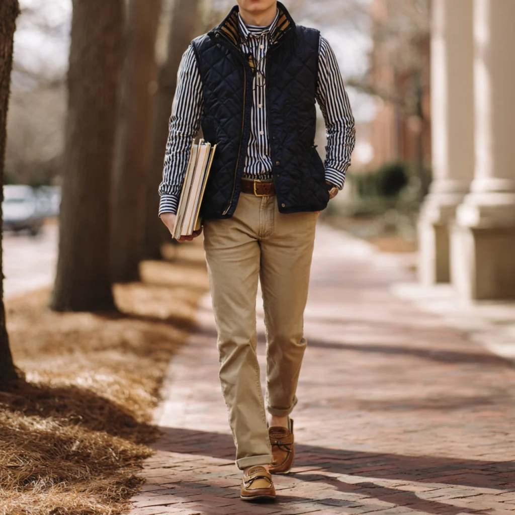 Preppy Back to School Outfits Featuring a Quilted Vest and Shirt Combo