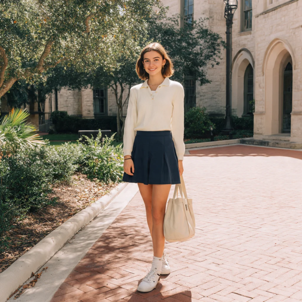 Preppy Back to School Outfits Using Knit Polo and A-Line Mini Skirt
